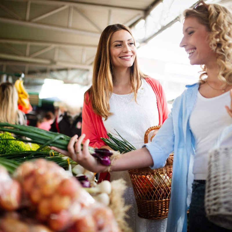 Beautiful healthy women shopping vegetables and fruits